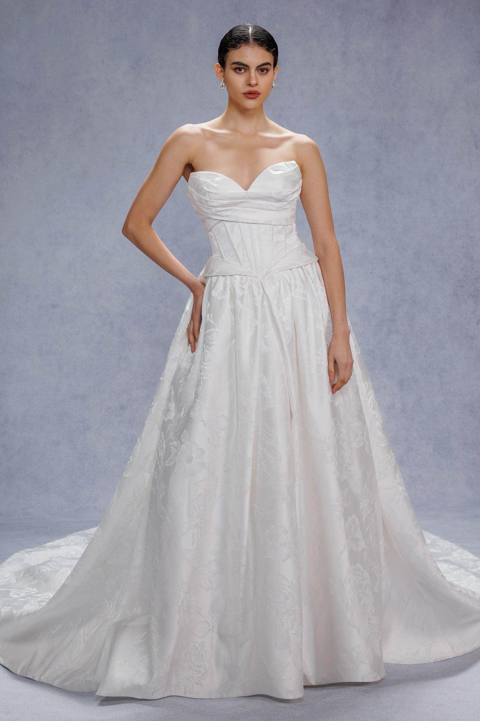 Ball Gown Court Train Jacquard Satin Wedding Dress CW3531 - COCOMELODY